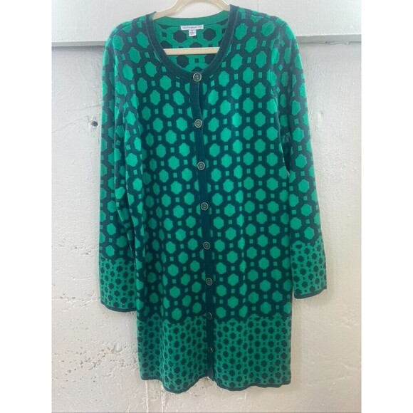 ISAACMIZRAHI LIVE WOMENS 1X BUTTON UP KNEE LENGTH CARDIGAN GREEN - Picture 1 of 3